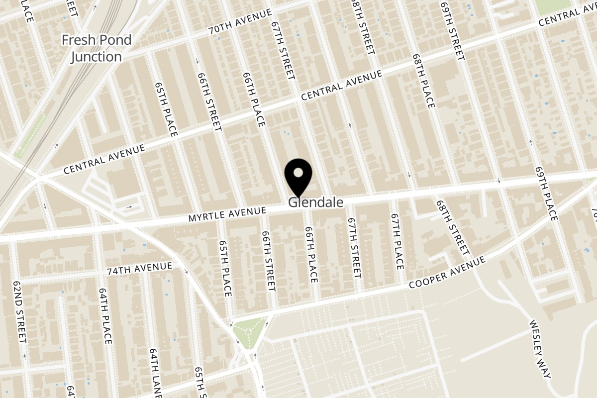 Map showing the location of Balkan kitchen on 66-31 Myrtle Ave in Glendale